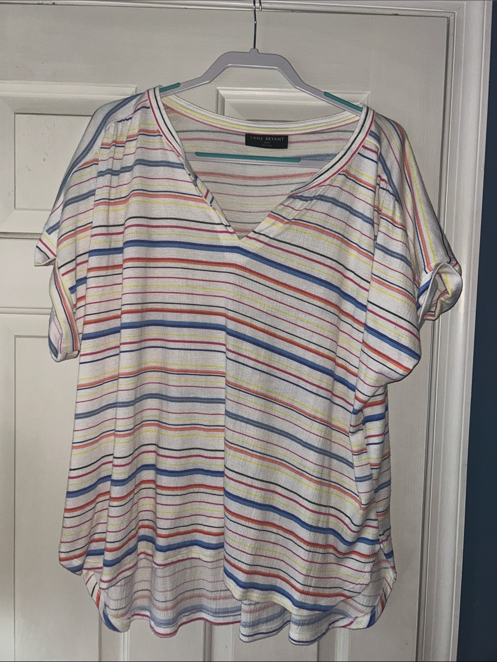 Lane Bryant White V-Neck Short Sleeve Top with Rainbow Stripes lane Bryant 22/24
